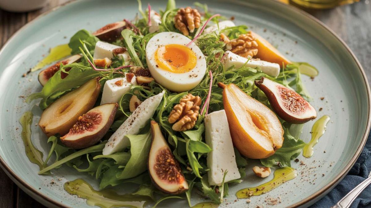 Une salade gourmande : poire, figue, œuf mollet et bleu