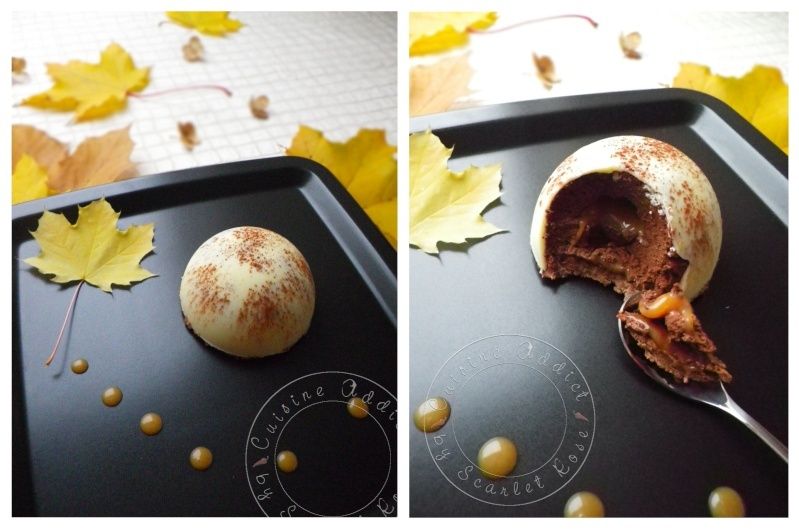 Dôme de mousse au chocolat, cœur coulant au caramel sur son croustillant pralinoise