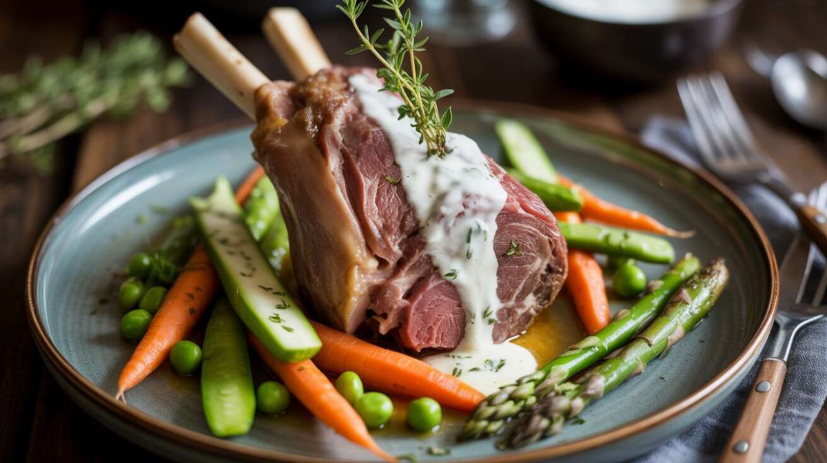Souris d’agneau à la crème de fromage et légumes de printemps
