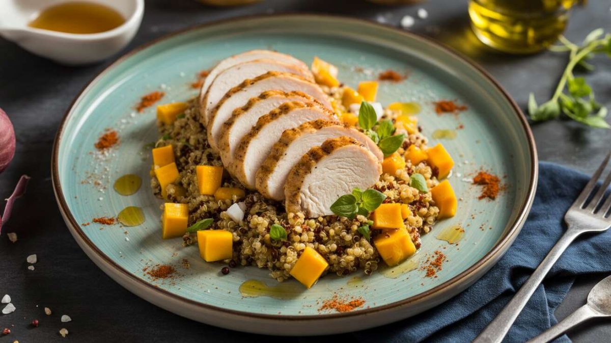 Une salade de quinoa au poulet et à la mangue pour un été ensoleillé