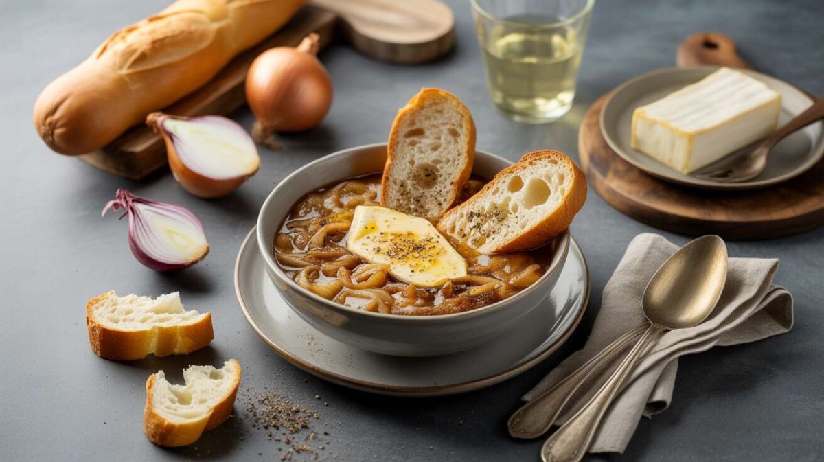 La soupe à l’oignon revisitée avec des croûtons au camembert : un délice réconfortant