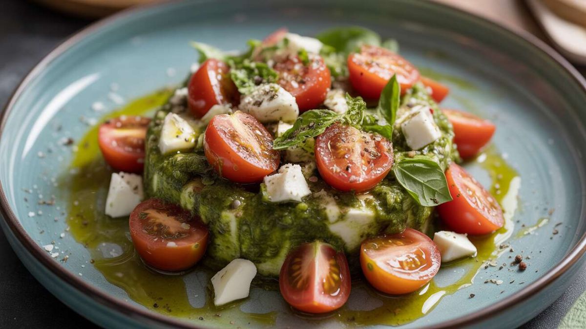 Découverte gourmande : salade de tomates au pesto et fromage de brebis